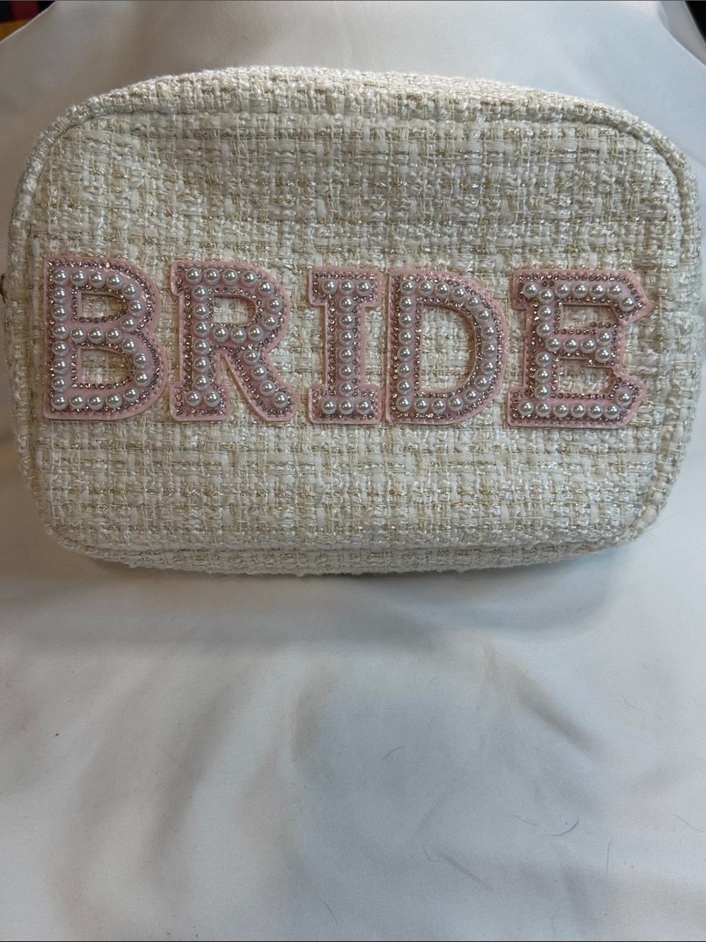 BRIDE Embellished Tweed Cosmetic Pouch in Ivory with Pink Accents
